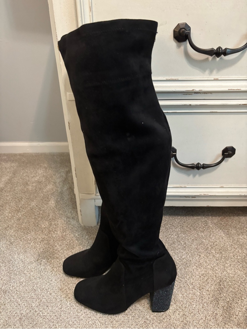 Mix No. 6 Black Over-the-Knee Suede Boots with Glitter Block Heel
